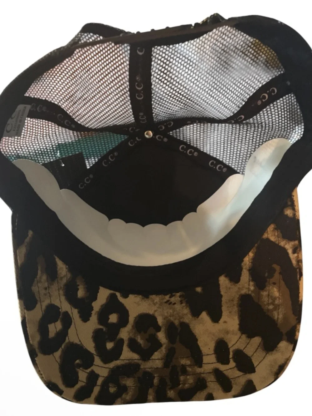 Leopard Print Mesh Trucker Cap with Red Gem Statement Flower